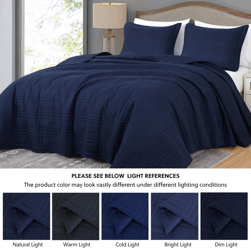 Chezmoi Collection Kingston Queen Size Bedspread Set, 3-Piece Navy Oversized Quilted Microfiber Lightweight Bedspread Coverlet (100"x106") for All Seasons - Image 5
